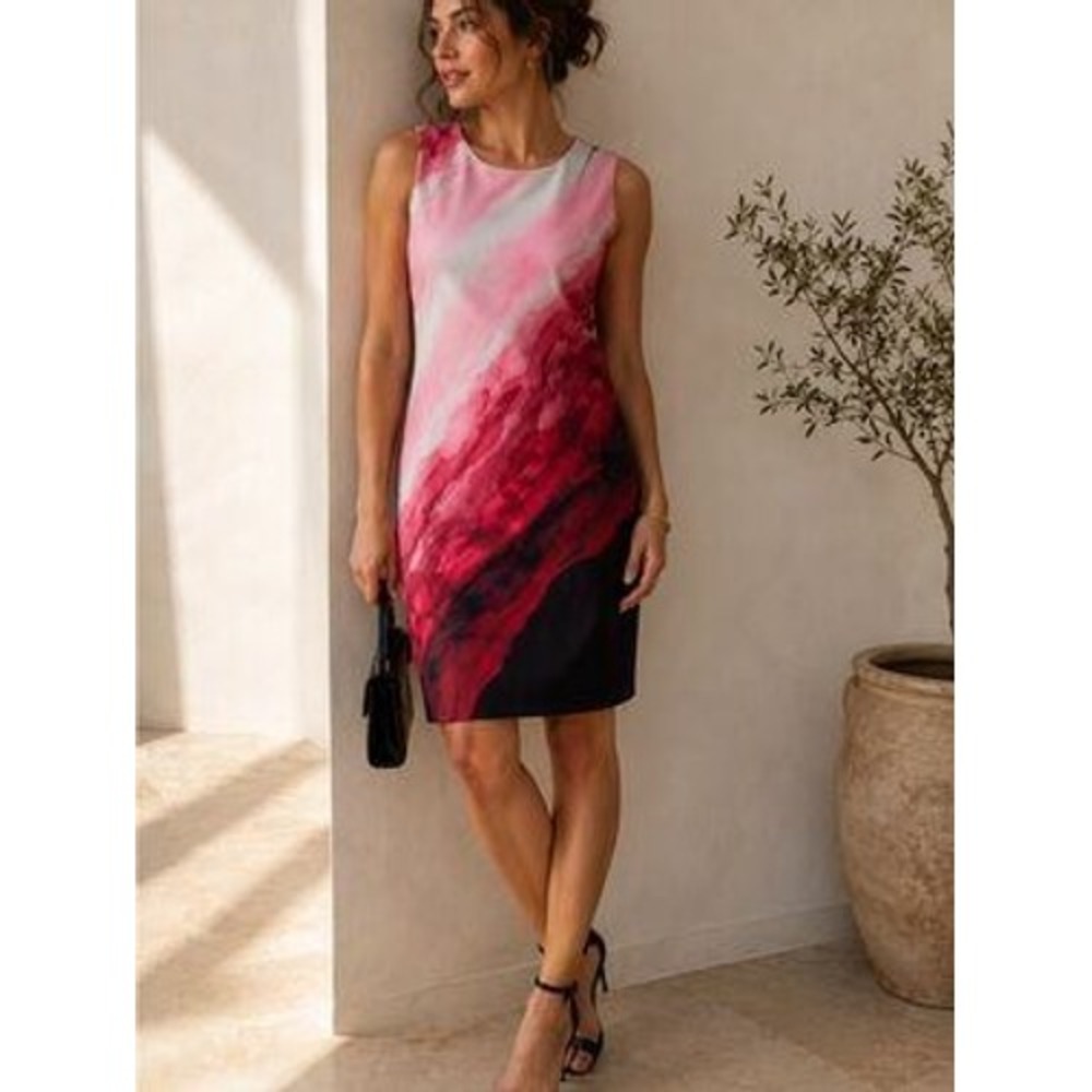 Donna Karan New York Scuba Sheath Dress Pink Abstract Print Sleeveless Size 8